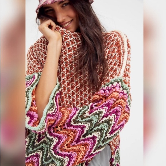 Free People Heatwave Pullover Sweater XS multi color large knit cotton blend - Picture 2 of 10